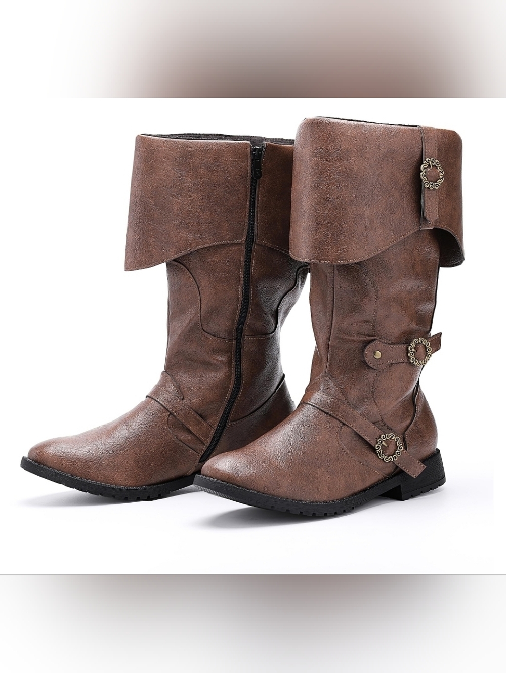 Unisex Cosplay Boots Flat,Brown Mid-Calf Buckle Riding Boots Size 46.